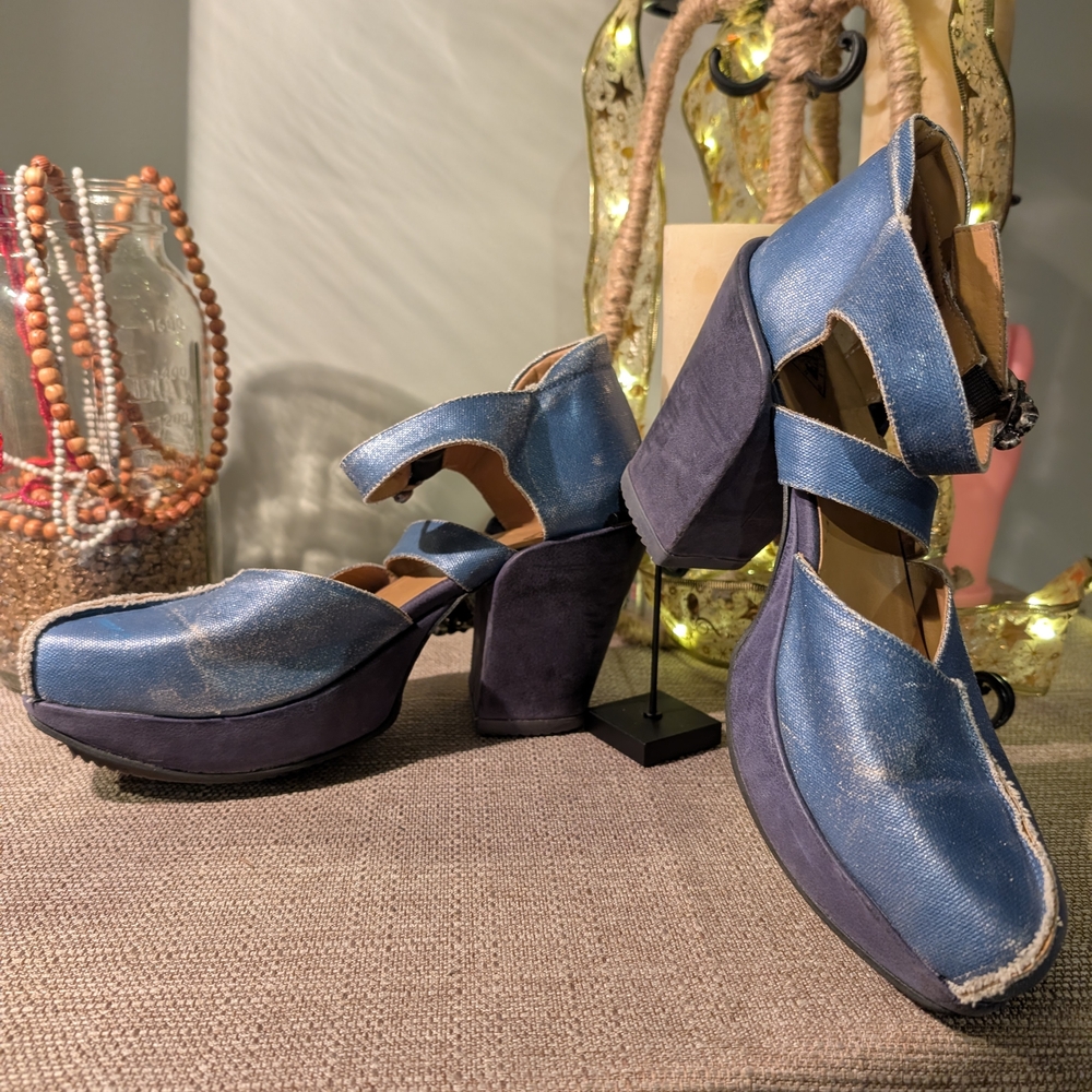 John Fluevog Iridescent Blue Platform Block Heels